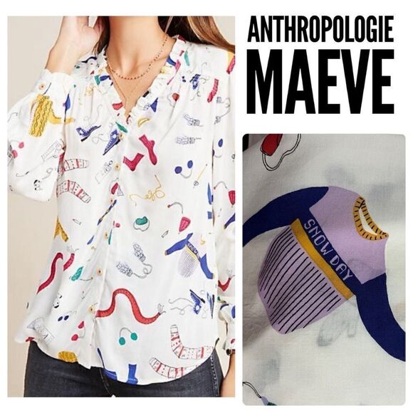 Anthropologie Maeve "Snow‎ Day" Button Up Long Sleeve Top - 4 - Picture 1 of 14